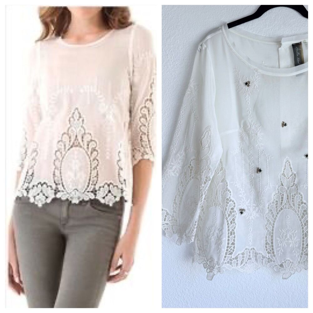 NWOT Aratta Embellished Embroidered Lace Button Back 3/4 Sleeve Blouse in Ivory